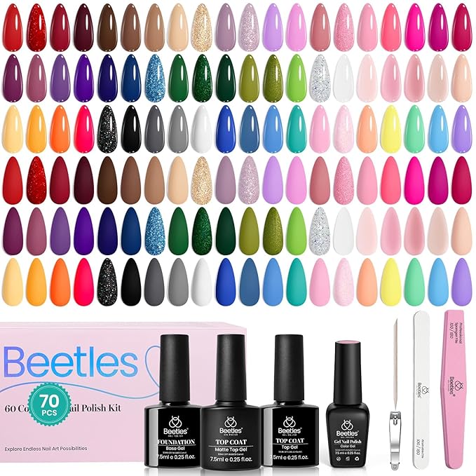 Beetles Gel Nail Polish Set, 70 PCS 60 Colors Red Green Pink Brown Blue Nude Glitter Gel Nail Polish Kit with Base Top Coat for Beginners UV LED Needed DIY Salon Gifts for Women