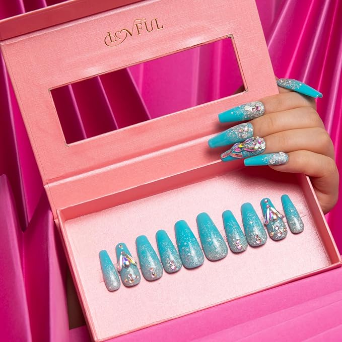 LOVFUL Press on Nails Clubbing Cinderella | Handmade with Full Covered Crystals | Reusable Fake Nails | Coffin Classic Regular 1.3 in | H25-M