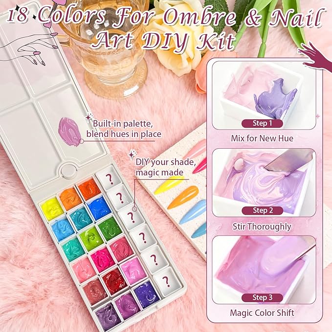 18 Colors Patting Gel Polish & Tools Kit - Pat Pat Gel Polish Palette for Ombre Nails，UV/LED Cured Gradient Blooming Manicure Kit DIY with Nail Sponges & Tools