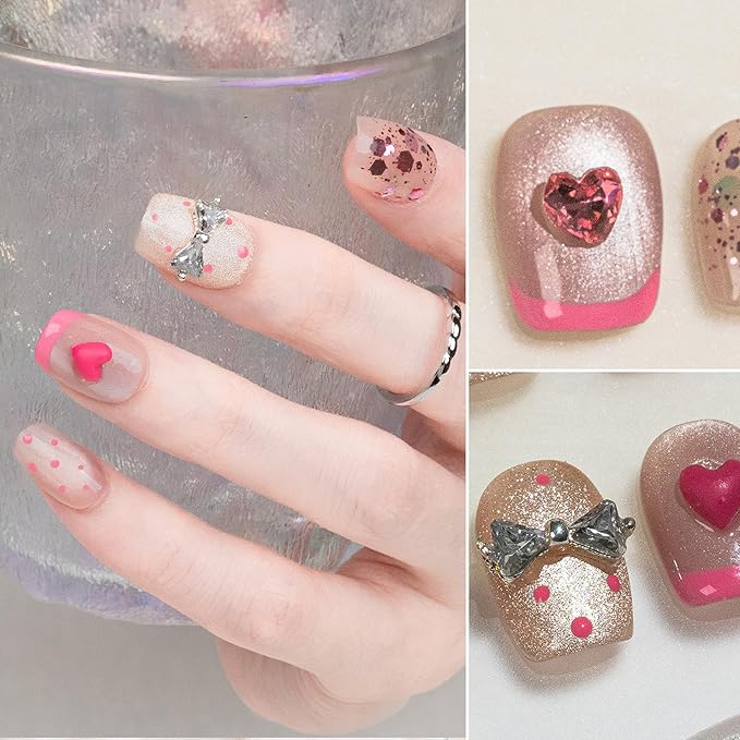 Sun&Beam Nails Handmade Press-on Short Coffin Ballerina Pink French Sweet Heart Design Fashion False Nail Tips 10 Pcs Set (#252 L)