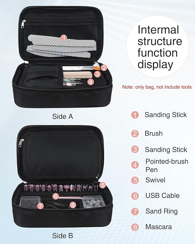 Nail Drill Bag Nail Drill Bits Holder Bag Electric Nail Machine Kit Organizer Bag With Nail Sanding Bands Case Gift for Women (Blck)