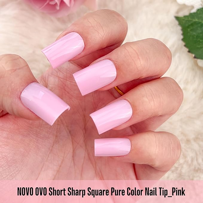 NOVO OVO Short Sharp Square Nail Tips Press on Pure Color Pink, Need Builder Gel Top Coat Nail Glue, Soft Gel Matte Fake Nail Extension, Full Cover False Nails for Salon DIY x 15 Sizes 180 pcs