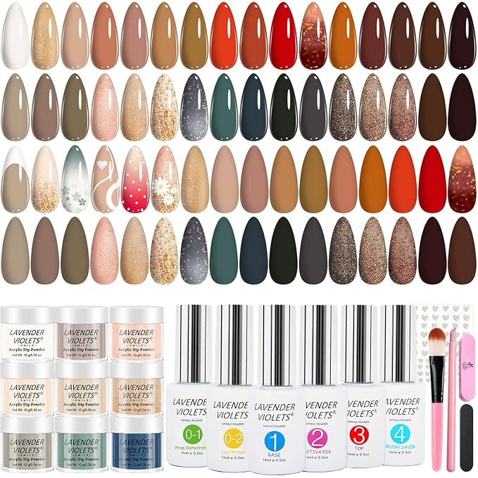 Lavender Violets 94 PCS Dip Powder Nail Kit Starter, 30 Colors Nude Brown Green Blue All Season with Dip Powder Liquid Set and Nail Art Tool B704