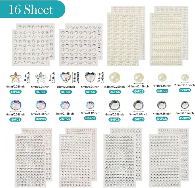 Craftdady 4104Pcs Acrylic Pearls Rhinestone Stickers Heart Star Half Round Stick On Face Gems Stick On Nail Body Acrylic Beads for Halloween Makeup Nail Art Wedding Scrapbook