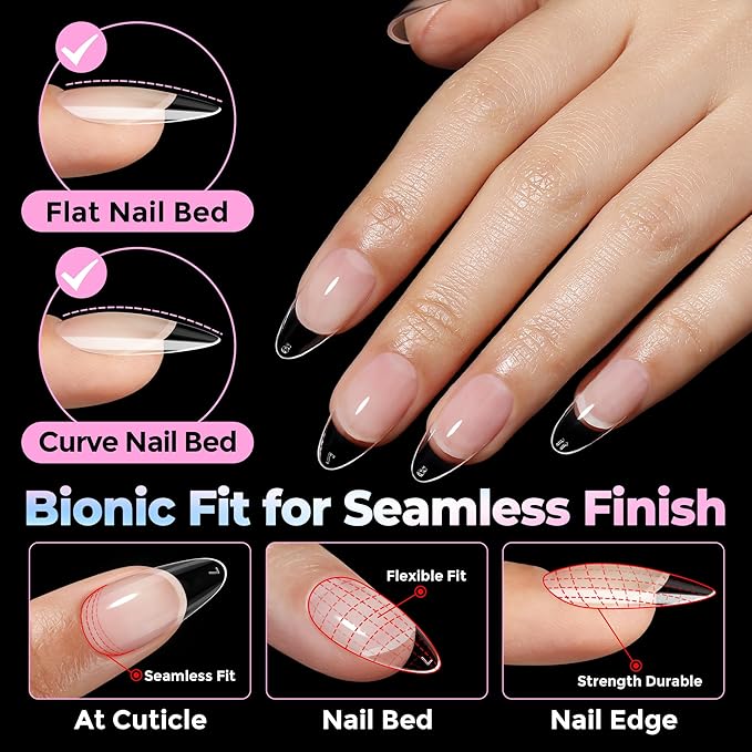 UNA GELLA Almond Nail Tips Medium 15 Sizes 300PCS Pre-Etched Gel Acrylic Nail Tips Almond Shape Easy Salon Press On Nails Long-Lasting Hold Full Cover Fake False Nails Snug Fit