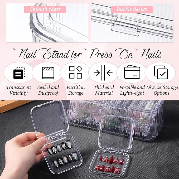 Press On Nail Packaging Box 14 PCS Clear Press On Nail Storage Boxes and 1 Big Storage Box with 54 Pcs Adhesive Double Sided Tape, Acrylic Nails Display Case Independent Packaging Dustproof
