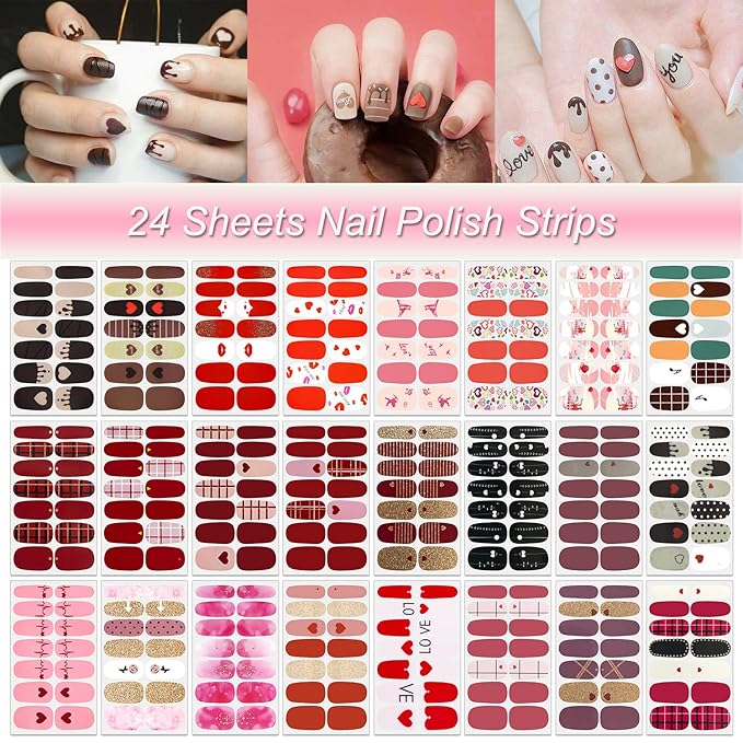 DANNEASY 24 Sheets Valentine's Day Nail Wraps for Women Stick On Nail Polish Strips Gel Nail Strips Self Adhesive Nail Polish Stickers Nail Sticker for Nail Art with Nail File, Cuticle Stick