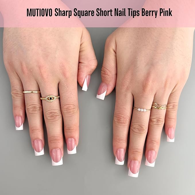 White French Tip Short Straight Square Nail Tips Press on, BERRY PINK Extra Thick NEED Soft Gel Nail Extension, Need Builder gel & Top,Coat Full Cover False Nails, for DIY x 15 Sizes 150 pcs