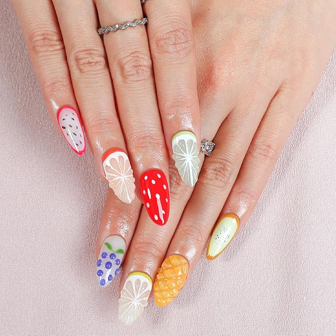 Handmade Fruit Press on Nails Luxury Thick Medium Almond Fake Nails with Lemon Grape Mango Pattern Design Muti-Layer Gel Spring Summer Fruit False Nails Full Cover Acrylic Nails for Women (Size S)
