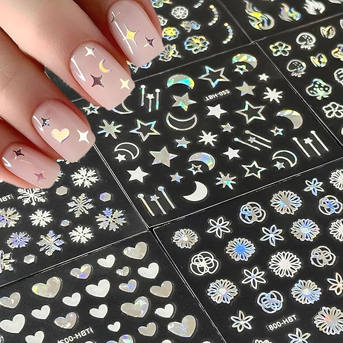 30 Sheets Aurora Nail Art Stickers 3D Self-Adhesive Flower Nail Stickers for Nail Art Aurora Star Nail Art Stickers Line Nail Decals Heart Design Nail Decals for Nail Art for Women