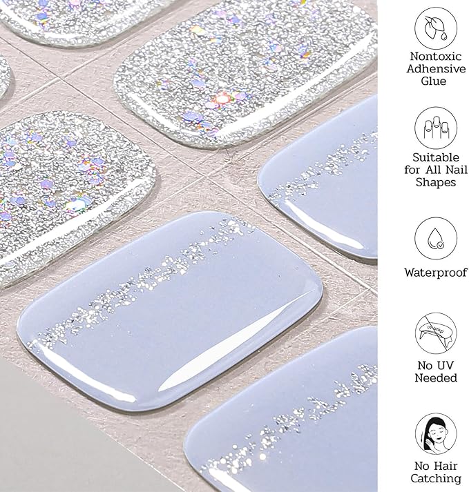 Nail Polish Strips (No UV Lamp Needed) - 22 Pcs Salon Quality Gel Nail Stickers - Long Lasting Wraps (Sky Sparkle Blue)