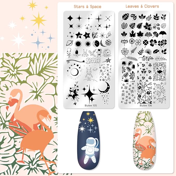 Biutee Nail Stamper Kit 12Pcs Nail Art Stamping Plate 8 Colors Stamp Polish Gel with Top Coat and Base Coat Set Silicone Stamper Scraper, Nail Stamp Plates Love Flower Butterfly Leaf Holiday Design