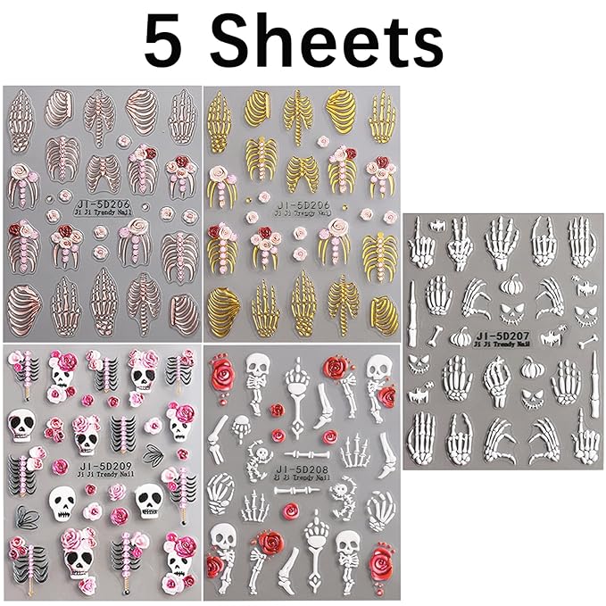 5 Sheets Halloween Nail Art Stickers Decals 5D Nail Decals Gold White Bone Pattern Sticker Self-Adhesive Skull Nails Supplies Accessories 3for Women Halloween Nails DIY Decoration