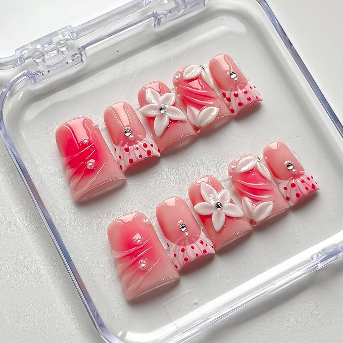 Luxury Press on Nails Short Duck Handmade 3D Unique Reusable ABS Material Fake Nails Pink French Tip False Nails with Designs Flower Rhinestones Polka Dots Glossy Glue on Nail Thick Acrylic Nail(S)