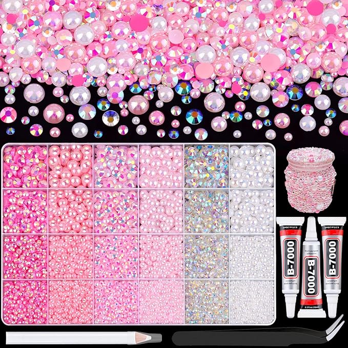 14000Pcs Flatback Pearls and Rhinestones for Crafting, Pink White Mixed Size 3-8mm Resin Rhinestones and Half Pearls for Bedazzling, Nail Art and Decoration with 3pcs B7000 Jewelry Glue