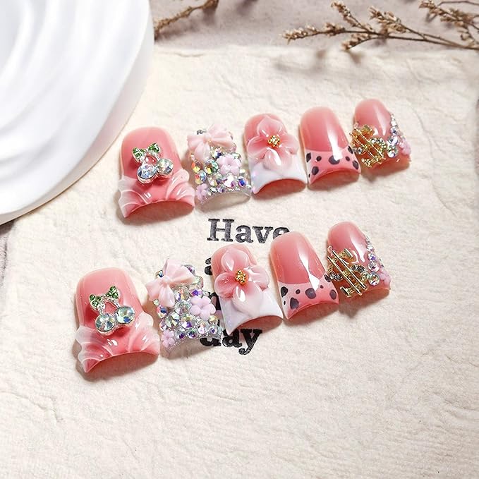Handmade Press on Nails Short Duck Fake Nails French Tips False Nails with 3D Flower and Butterfly Design Nails Press Ons Luxury Cute Artificial Nail for Women Manicure 10Pcs (Size M)