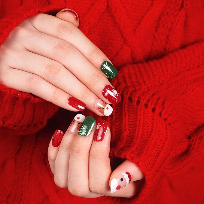 DANNI & TONI Semi Cured Gel Nail Strips Christmas Santa Claus Snowflakes Cat Eye Gel Nail Wraps 28 Stickers | Mistletoe Meow