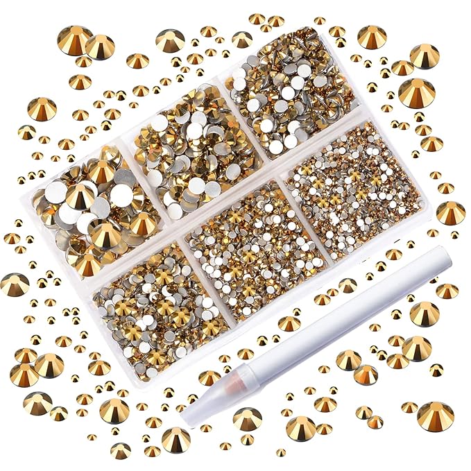 AD Beads 4300 Pieces Flat Back Nail Art Rhinestones Round Beads 6 Sizes (2-6.5mm) with Storage Organizer Box,Rhinestones Picking Pen for Nail Art Phone Decorations Crafts DIY (Metallic Gold)