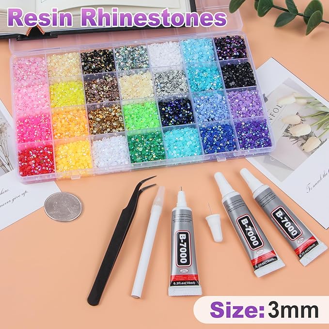 34000Pcs 28 Colors Jelly Resin Rhinestones for Bedazzling, 3mm Multicolor Flatback Gems for Crafting, Bedazzler Kit with 3Pcs 10ml B7000 Glue for Clothes Shoes Nail Diamond Art Makeup