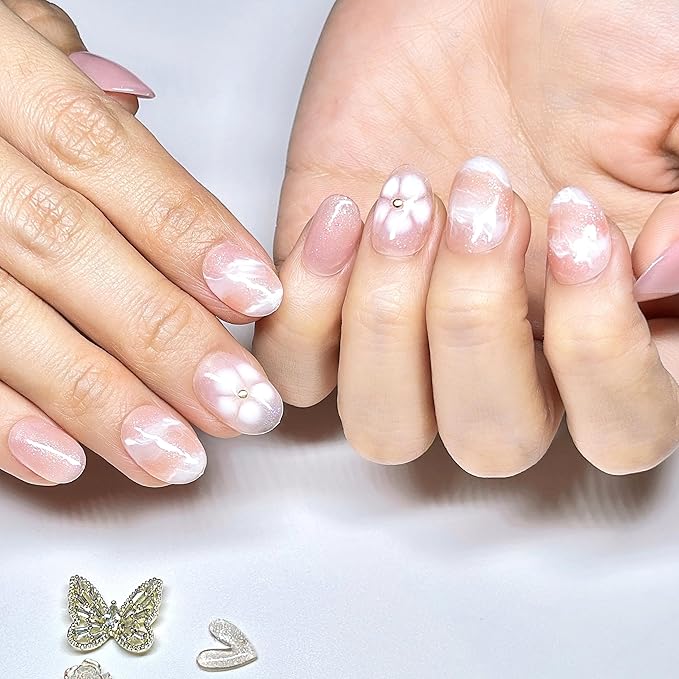 Hand-Painted Press-On Nails – Short Oval in Rosé Pink with White Floral Accents. Reusable Soft Gel Set (15 Sizes, 30 Nails + Glue) | Designed in Los Angeles | Rosé Luminesse