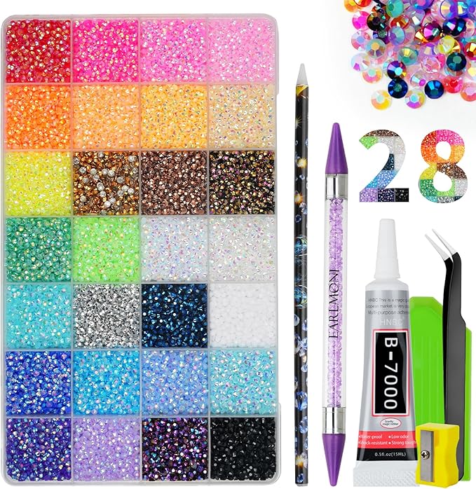 Resin Jelly Rhinestones for Bedazzling, EARLMONI Multi Colord Bedazzler Kit with 15ml B7000 Glue Rhinestone Pen Tool for Clothes Nail Art (28 Colors, 3MM)