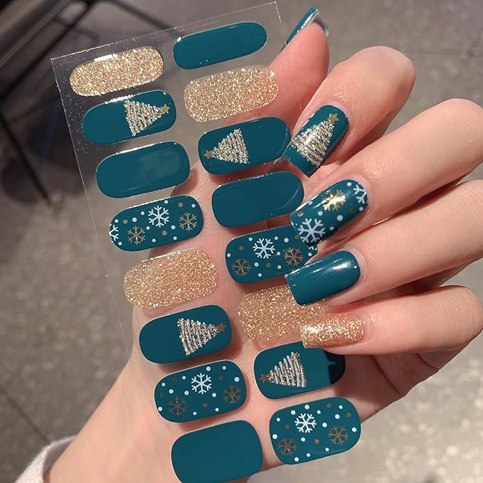 8 Sheets Christmas Nail Wraps Full Stickers Nail Polish Strips, DIY Self-Adhesive Glitter Nail Art Decals Snowflake Santa Claus Xmas Tree Red Green Party Decor with 1 Pcs Nail Files (128 Pieces)