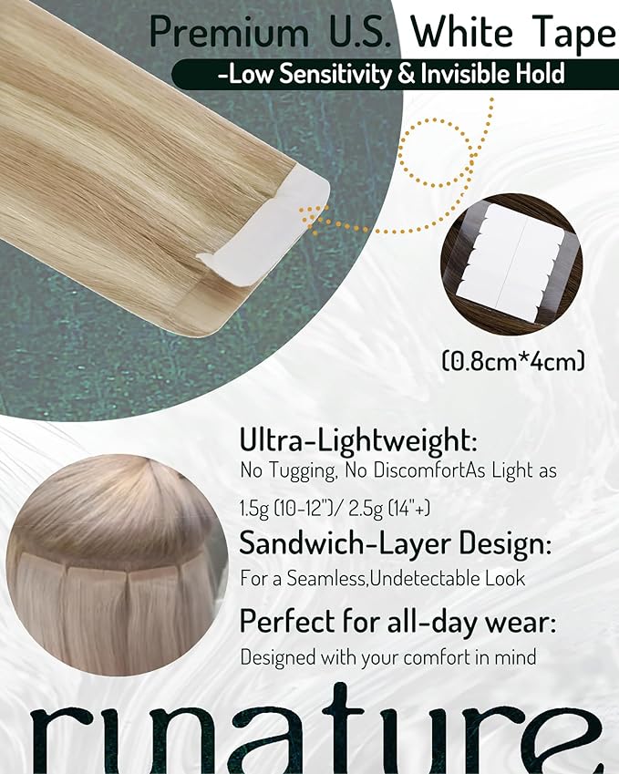 RUNATURE Tape in Hair Extensions Human Hair Blonde Tape in Extensions Seamless Tape ins Human Hair Extensions Ash Blonde Highlight Platinum Blonde Soft Remy Hair Can Be Styled 14 Inch 50g 20pcs