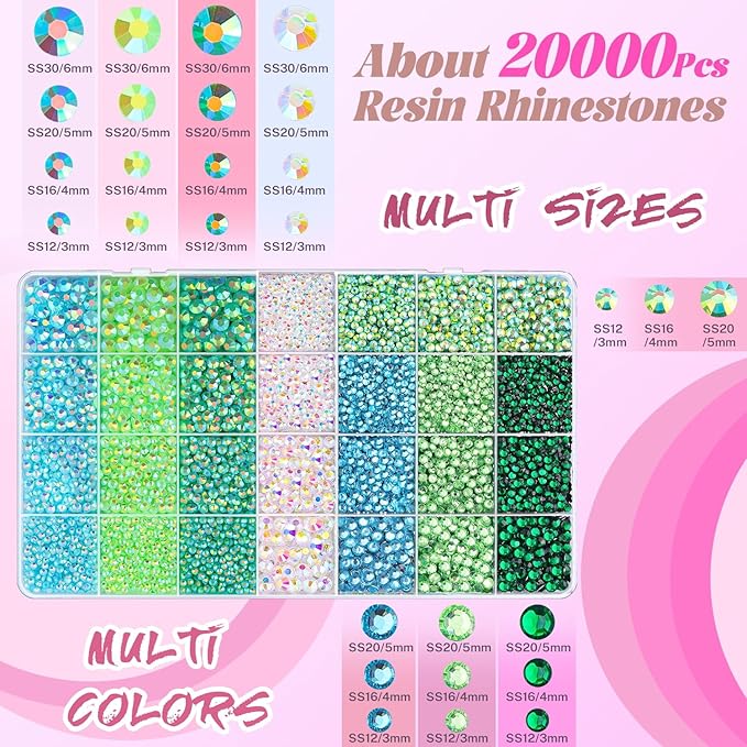 20000Pcs Green Rhinestones for Bedazzling with B7000 Jewelry Glue, Resin Rhinestones for Crafting Crafts DIY, Bedazzler Kit Gems for Clothing Shoes Tumblers Fabric Nail Art Assorted Size 3/4/5/6mm