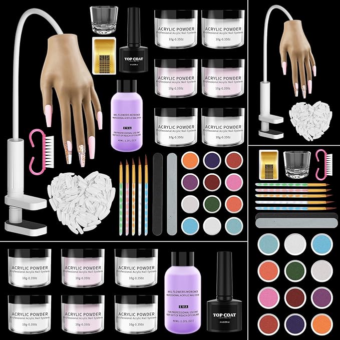 Practice Hand for Acrylic Nails - Acrylic Fake Mannequin Practice Hand - Flexible Hands Model With Powder and Liquid Full Nail Kit for Beginners