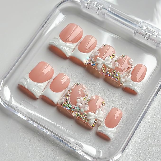 Luxury Press on Nails Short Duck Handmade 3D Unique Reusable ABS Material Fake Nails White French Tip False Nails with Designs Flower Butterfly Rhinestones Glossy Glue on Nail Thick Acrylic Nail(M)
