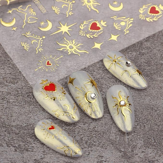 Gold Nail Art Stickers, Leopard Butterfly Sun Moon Star Clocks Watches Nail Self-Adhesive Sticker Designs, 3D Gold Nail Transfer Decals Supplies for Women Manicure Decorations, DIY Nail Decal