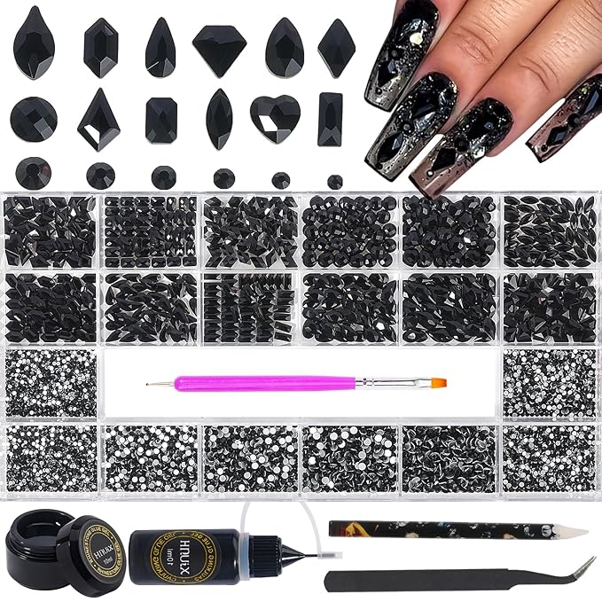 HNUIX Nail Rhinestones - 4550pcs Crystals Black, Multiple Shape Gems, Flatback Rhinestones, with Kit and Glue Gel, for Nail Art