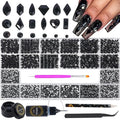HNUIX Nail Rhinestones - 4550pcs Crystals Black, Multiple Shape Gems, Flatback Rhinestones, with Kit and Glue Gel, for Nail Art