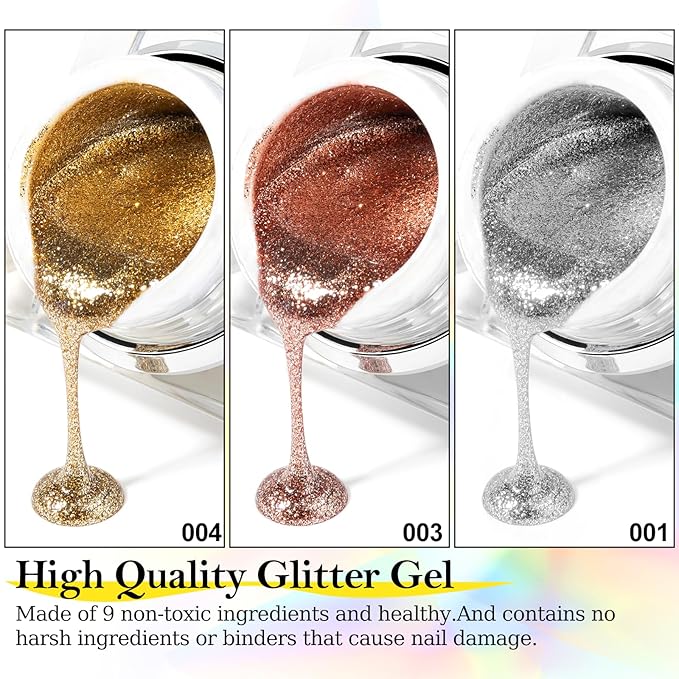 NXJ INFILILA Glitter Gel Nail Polish Set, 3 Colors Gold Silver Rose Gold Reflective Metallic Gel Polish, Holographic Sparkle Long-Lasting Soak Off UV LED Cured Gels for Salon DIY Manicure