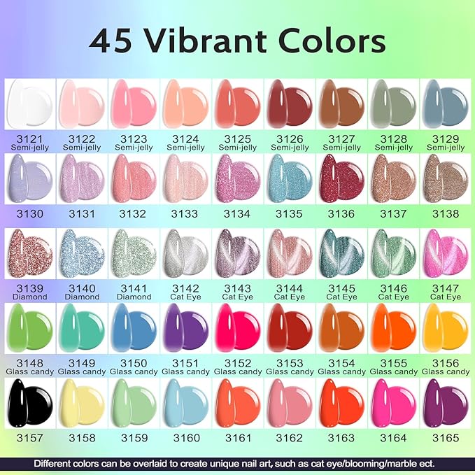 Lavender Violets 45 Colors Gel Nail Polish Kit with U V Light Nude Pinky Jelly Colors 9D Cat Eye Candy Glitter Primer Base Glossy & Matte Top Coat for Home Nail Art Design DIY Gift Set 01
