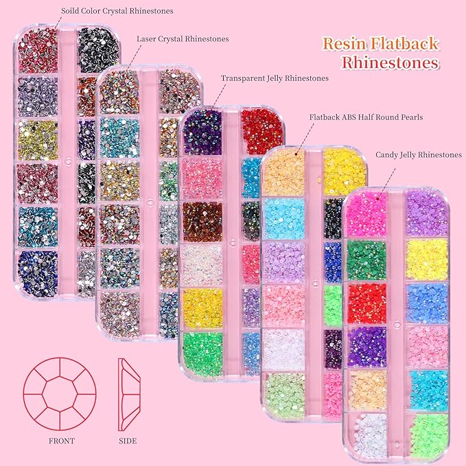 5 Boxes 13200pcs Sparkling Crystal Nail Rhinestones Pearls Kit, Flatback Multicolor Transparent Jelly AB Mermaid Gems with Pick Up Pen and Curved Tweezers for Manicure Salon & Craft DIY Designs (2mm)