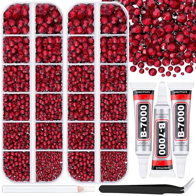 12000Pcs Resin Rhinestones for Bedazzling with 3Pcs B7000 Jewelry Glue, 2 Boxes Dark Red Flatback Rhinestones for Crafting Crafts DIY, Crystals Gems for Clothing Shoes Tumblers Nail Art Makeup