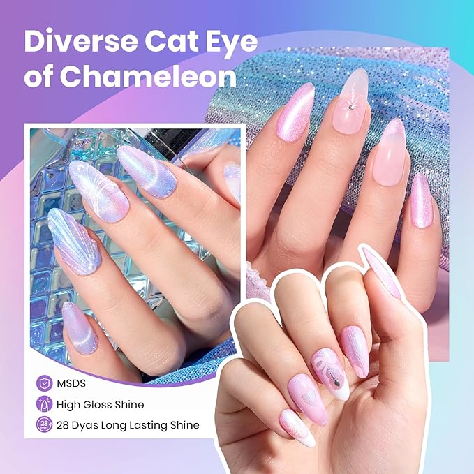 Beetles Prismatic Mirage Cat Eye Gel Nail Polish Set - 6 Colors Spring Cat Eye Gel Polish Kit Green Pink Blue Purple with Magnet Soak Off UV Salon Nail Art Manicure Gift for Women