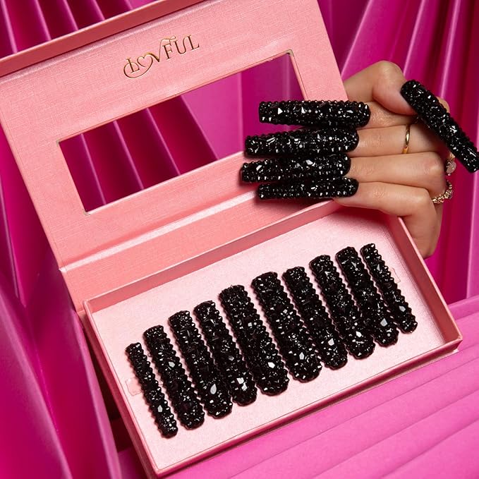 LOVFUL Press on Nails Classic Black Rhinestone| Handmade with Full Covered Crystals | Reusable Fake Nails | Square | H146-L, pink