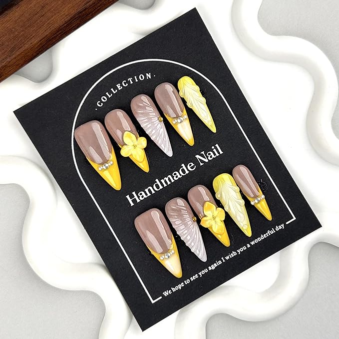 100% 5D Handmade Press on Nails with Charms Long Stiletto Nails Press ons- Waterdrop False Nails Ombre Orange Yellow Press on Nails Summer Fake Nails for Women Girls Daily Wear DIY Manicure Size M