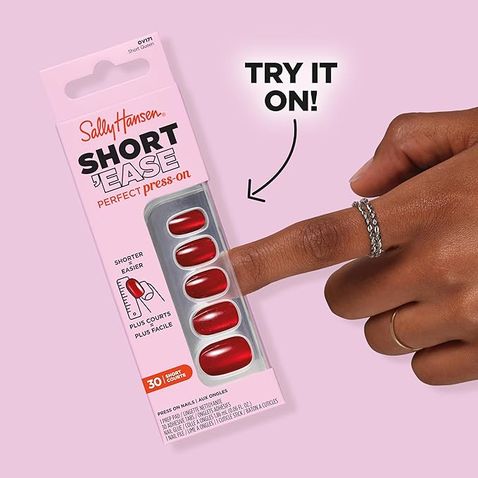Sally Hansen Salon Effects Perfect Press-On Short'Ease Nails | Square Shape | Easy to Apply, Non-Damaging, Natural Look Vitamin E & B5 | 30 Nails, Nail Glue, Adhesive Tabs, File| Petite Pearlflection