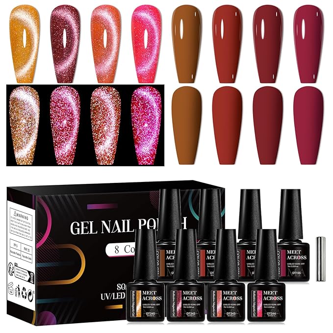 MEET ACROSS 8pcs Gel Nail Polish Set, Soak off UV LED Lamp Gel Nail Polish Cat Eye Set Home Gel Manicure Kit 7ml (Cat Eye + color Gel-2)