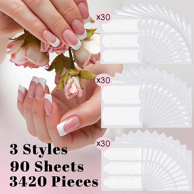 French Tip Nail Stickers, 90 Sheets 3420 Pieces Manicure Strips, 3 Designs Self-Adhesive Moon Shaped Tip Stickers Guide for DIY Decoration