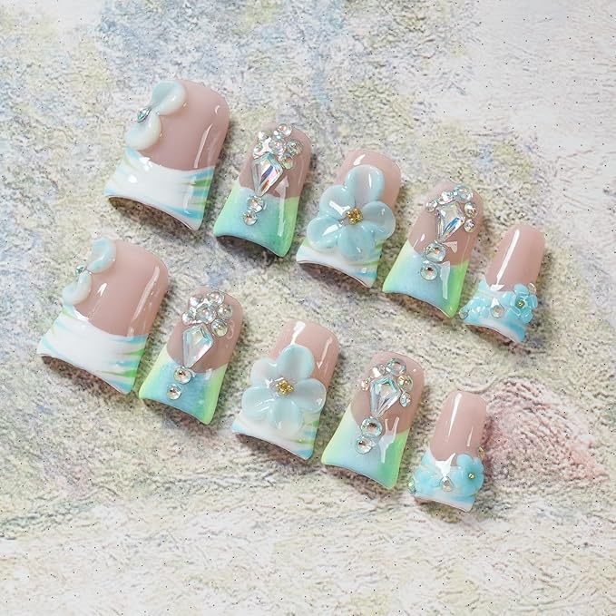 Press On Nails Handmade Short Duck Luxury Nails, Mint Green Ombre French with 3D Floral Charms, Bling Crystal False Nails, Glossy Art Designs Reusable Acrylic (Misty Blue Floral Glitz,L)
