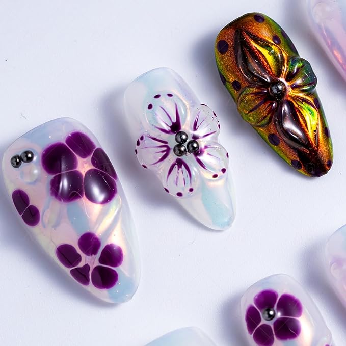 10 Pieces Handmade Press On Nails Medium Almond, Purple Thickened False Nails With Floral Decoration, Reusable Fake Nails Almond, Reusable Acrylic Nails (M)