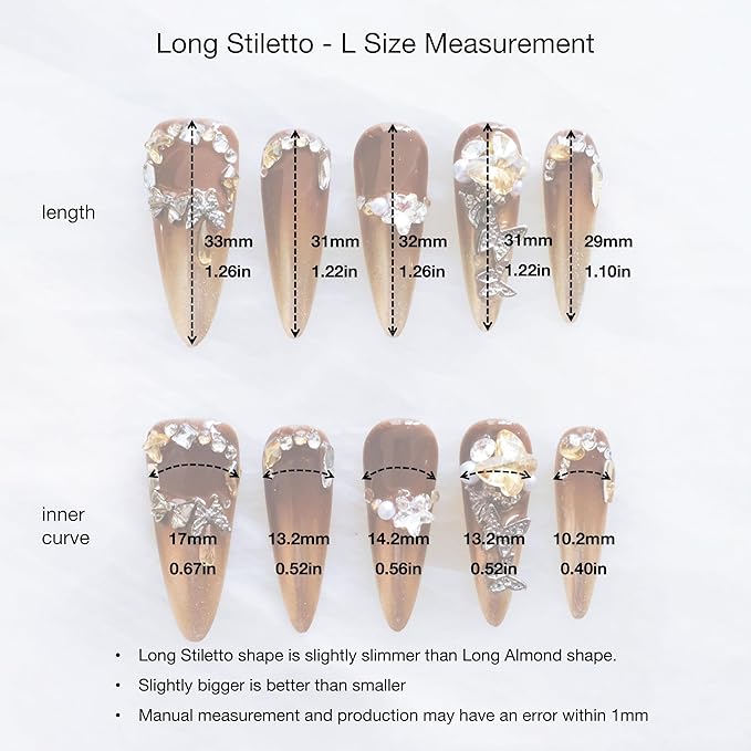 Luxury Long Stiletto Press-On Nails, Brown and Gold Stiletto with 3D Rhinestones and Pearls, Handmade False Nail 10 Pieces (Large, LS)