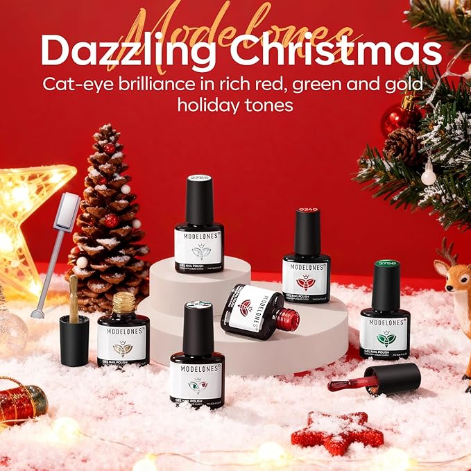 modelones Christmas Gel Nail Polish Set, 6 Colors Cat Eye Red Green Glitter Gold Silver Winter Gel Polish Kit with Magnet Nail Stickers Soak Off Led Nail Art Manicure Salon DIY New Year Holiday Gifts
