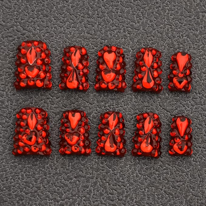 Red Chrome Press on Nails Short Duck, Full Rhinestones Red Heart Fake Nails 3D Luxury Acrylic Duck Nails Thickened False Nails (Crimson Glimmer Enchant,M)