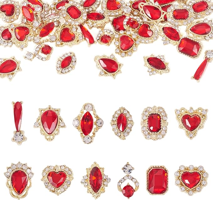 KISSITTY 48pcs Nail Art Rhinestones Flat Back Rhinestone Crystal Cabochons Red Color Heart Teardrop Rectangle Shape Small Embellishments for Nail Art Craft Decoration Jewelry Making