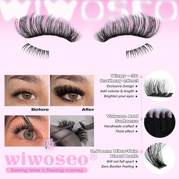 wiwoseo Fluffy Lash Clusters Kit with Bottom Lash Clusters Eyelash Extensions Kit 80D+100D Fluffy Eyelash Clusters 5-22mm Long Cluster Lashes Salon Lashes Clusters Kit with Clear Lash Bond and Seal